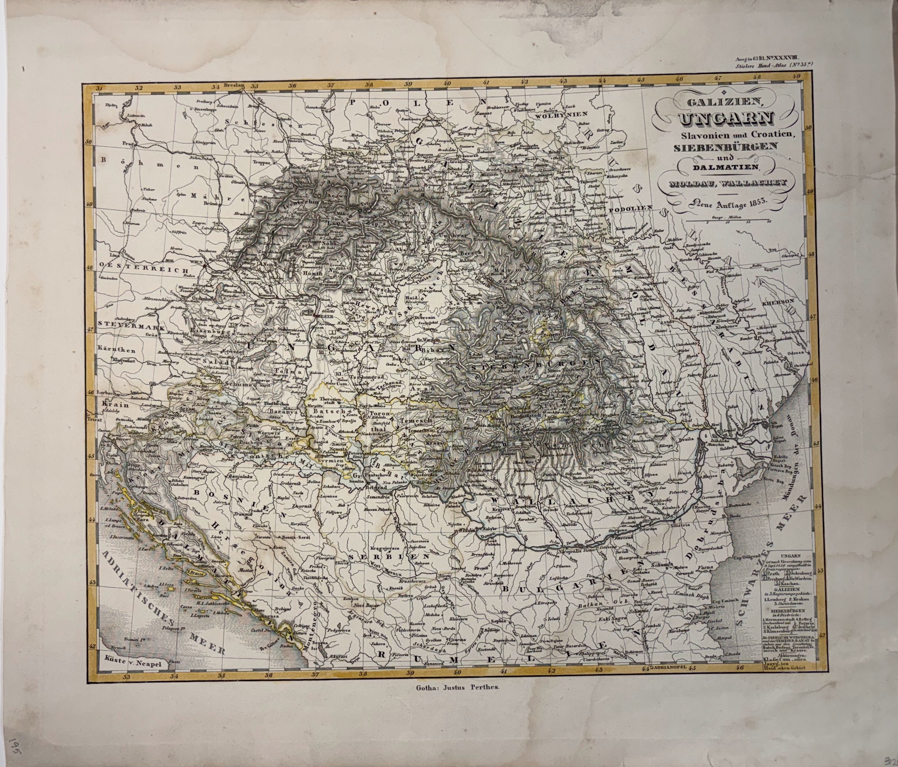 Galizien, Ungarn, Slavonien und Croatien, Siebenbürgen und Dalmatien, Moldau, Wallachey (Stielers Hand-Atlas No. 35b)